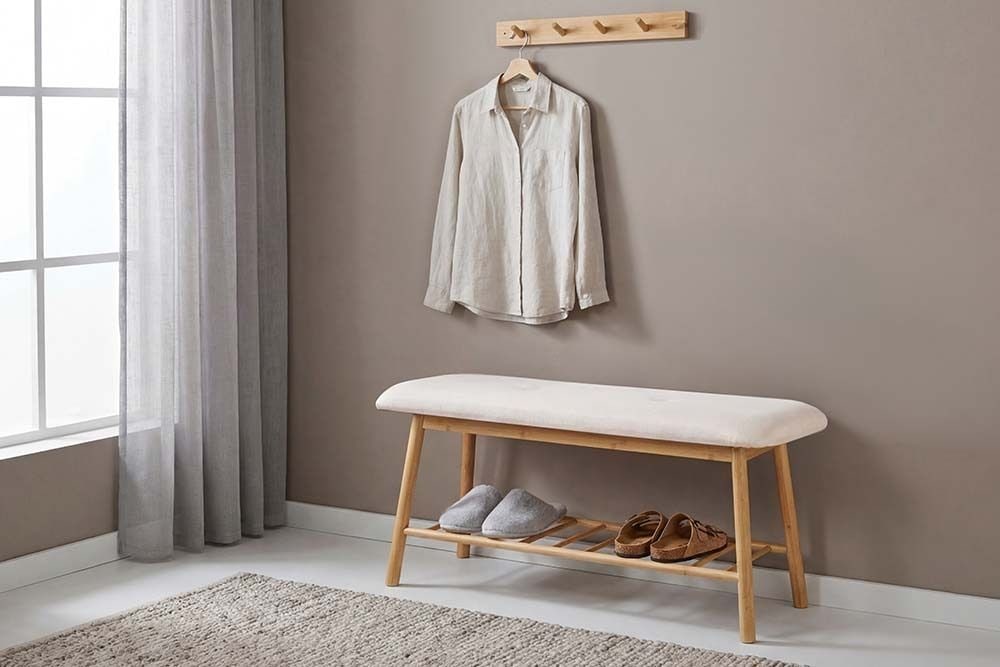 Stilvolle Schuhbank ZEN-BO 90cm natur beige Bambus Regal Sitzbank mit Stauraum