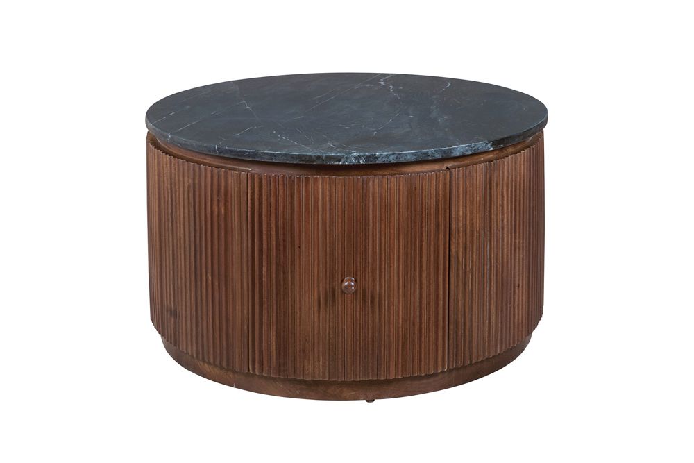 Runder Couchtisch COFFEE TABLE GATSBY 70cm braun schwarz Mangoholz Marmor Schublade