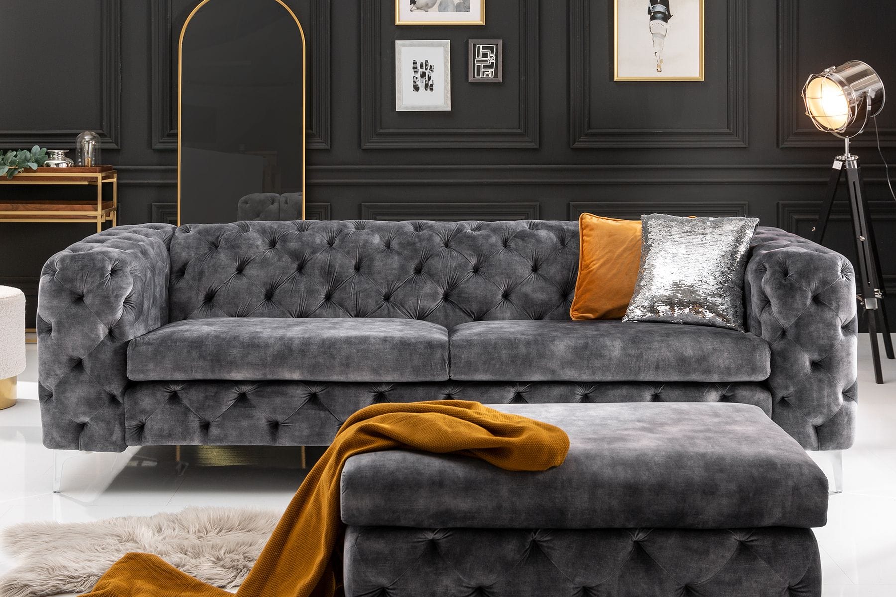 Chesterfield 3-Sitzer Sofa MODERN BAROCK 235cm dunkelgrau Samt Federkern Metallfüße