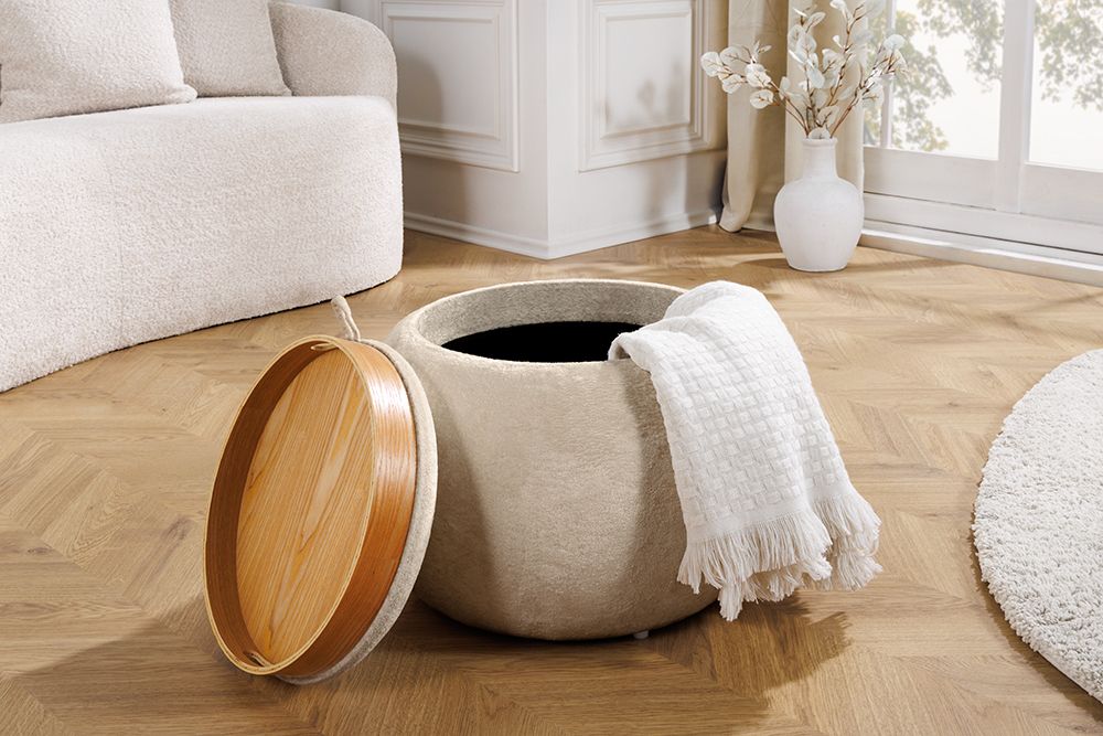 Runder Couchtisch ORBIT 50cm champagner-greige Bouclé Hocker mit Tablett und Stauraum