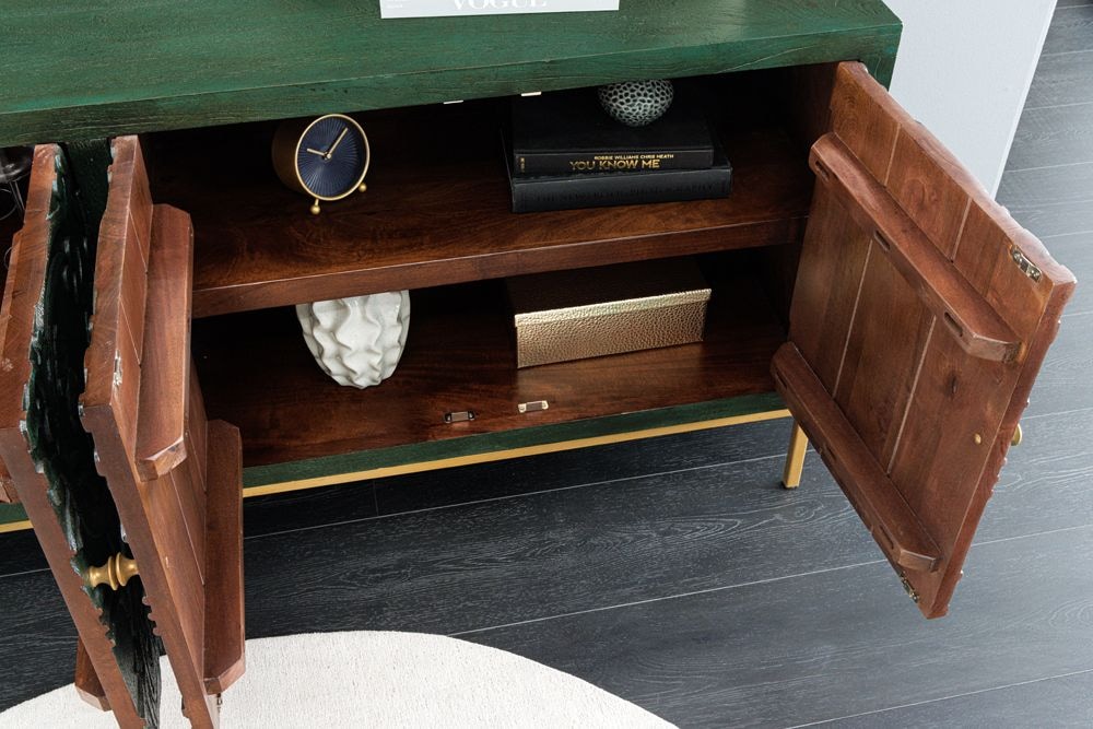Massives Sideboard PEACOCK 175cm grün Mangoholz antik 3D Schnitzerei Pfau-Design
