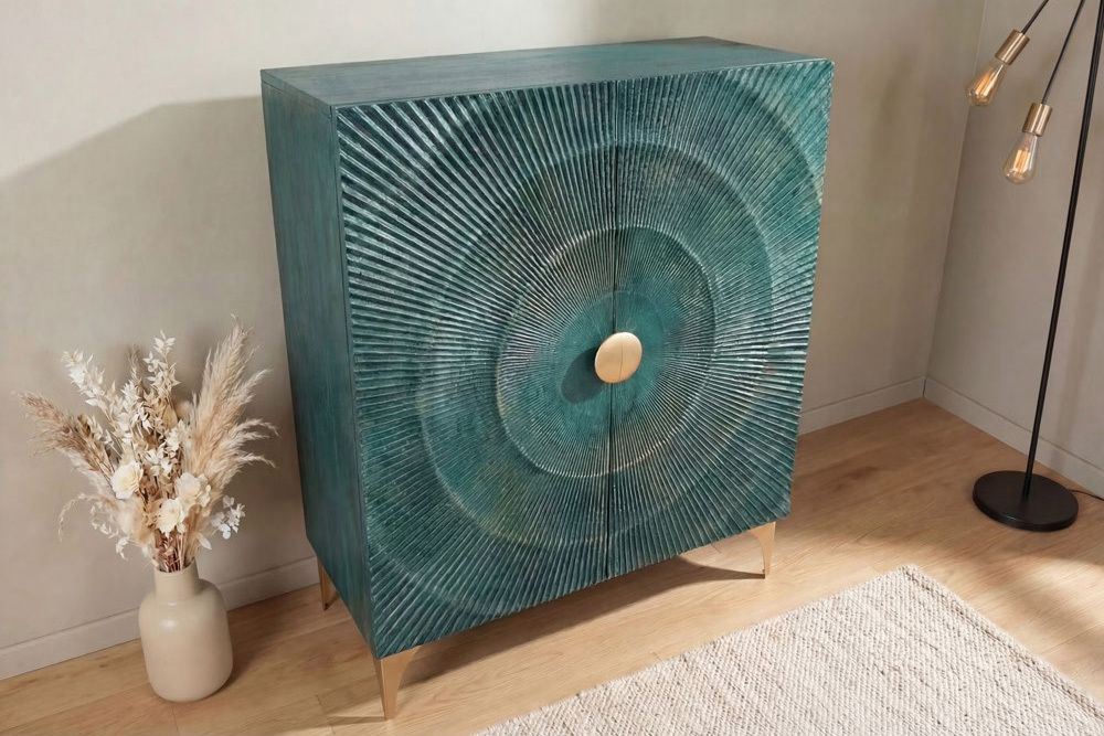 Massives Highboard GOLDEN SUNSET 120cm türkis gold Mangoholz mit 3D Schnitzereien