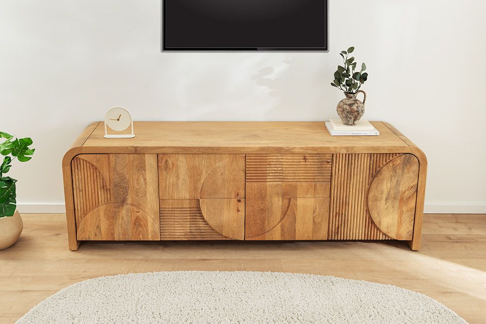 Massives TV-Board ART DECO 170cm cream finish beige Mangoholz abgerundet
