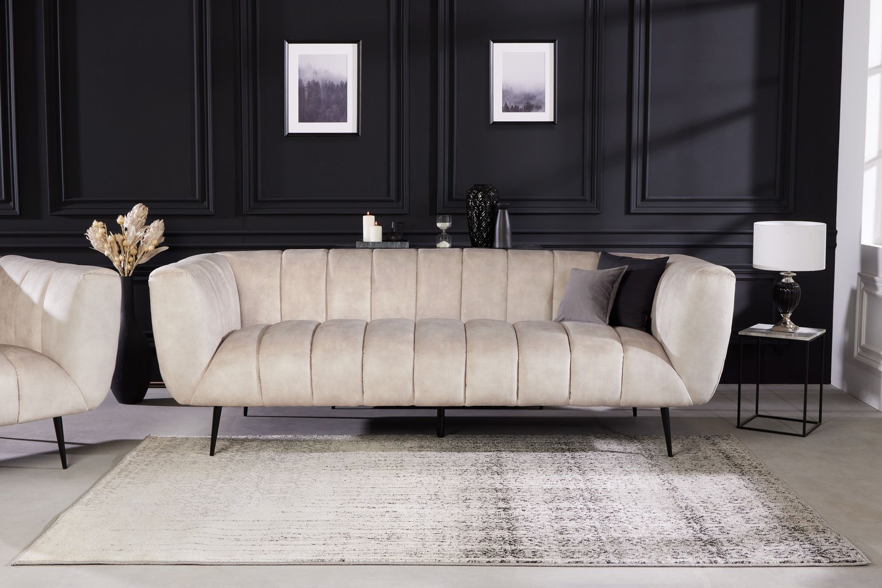 Design 3-Sitzer Sofa NOBLESSE 225cm champagner beige Samt 3-Sitzer Federkern schwarze Metallfüße