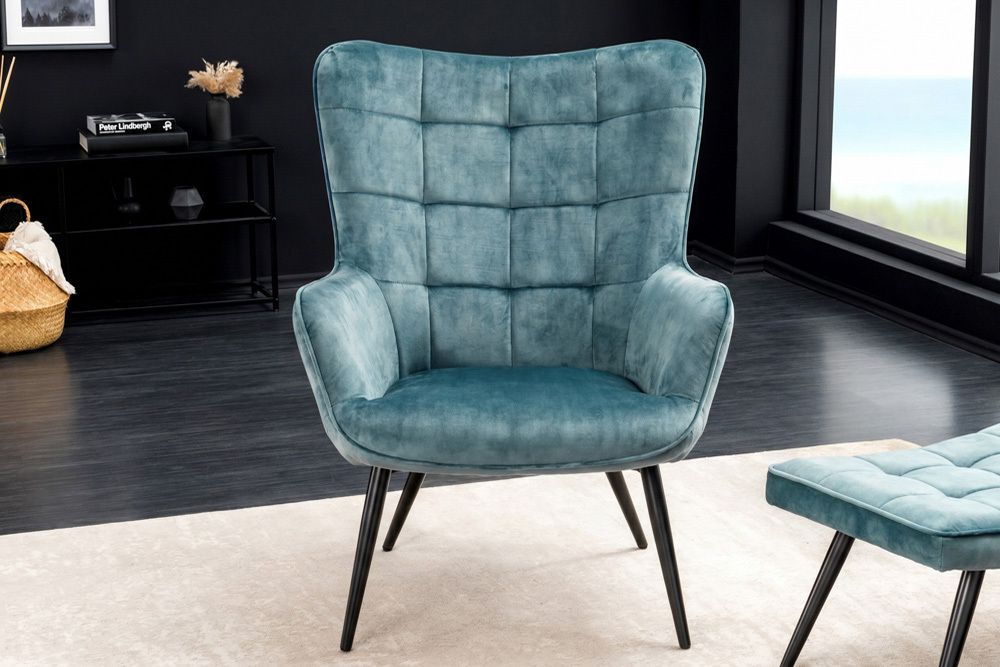 Bequemer Sessel SCANDINAVIA petrol Samt schwarze Metallbeine mit Armlehne