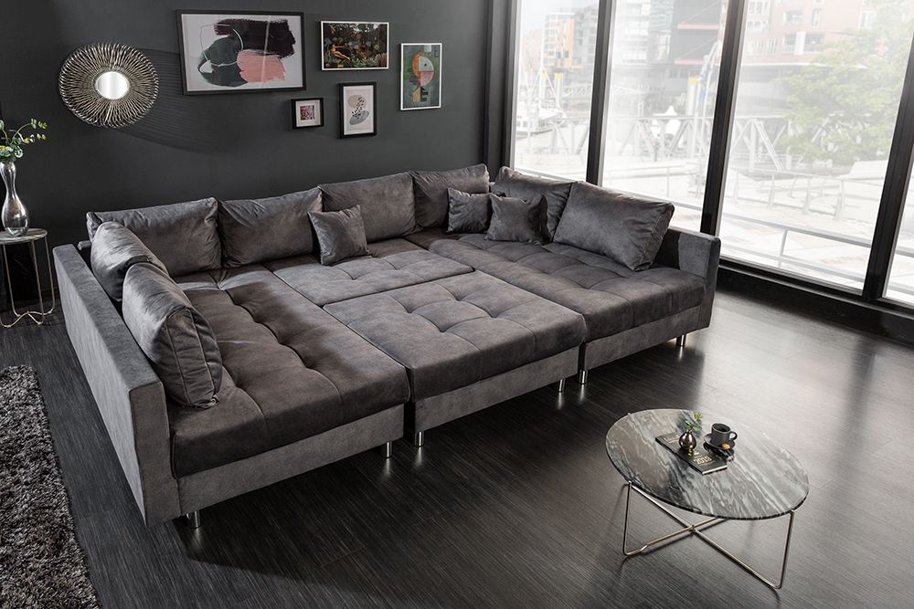 Moderne XXL Wohnlandschaft KENT 305cm grau Samt Bigsofa inkl. Hocker Federkern