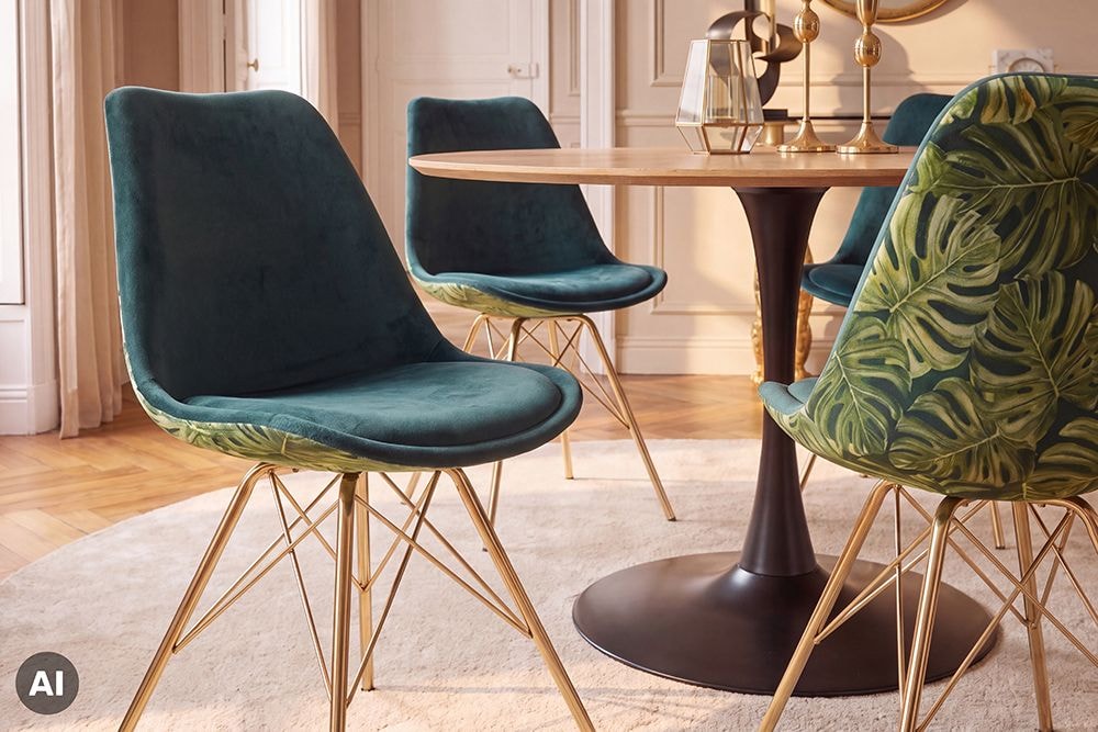 Design Stuhl SCANDINAVIA MEISTERSTÜCK grün Chenille gold Metall Monstera-Blatt