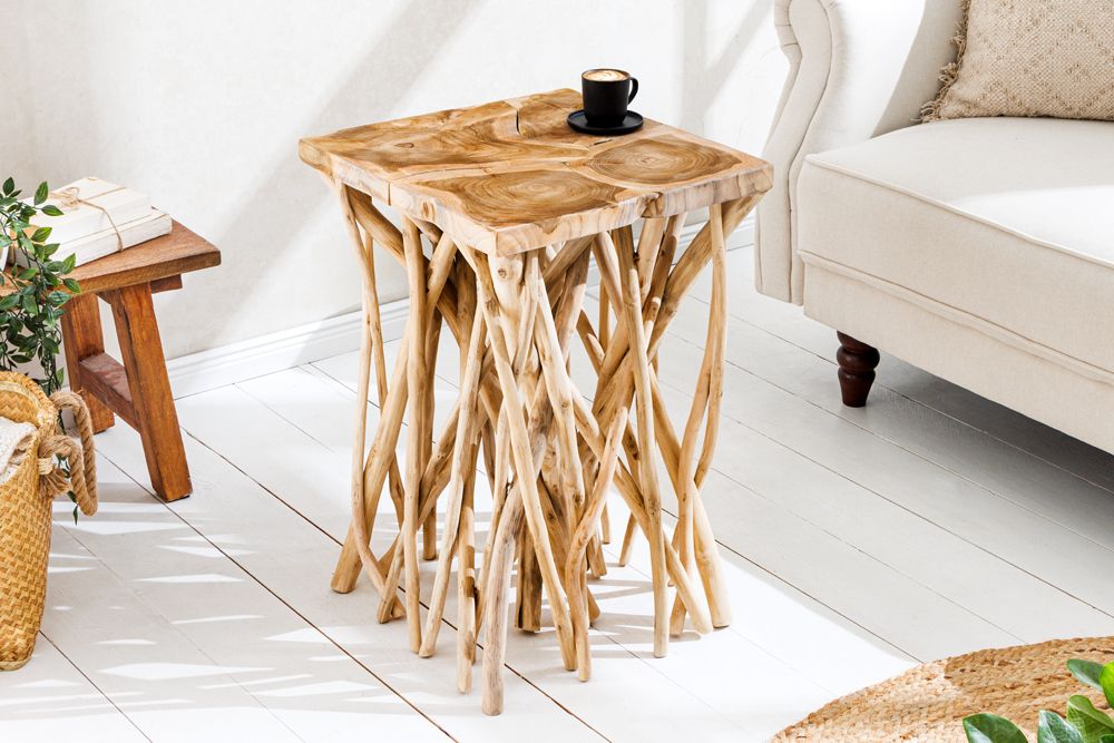 Massivholz Beistelltisch DRIFTWOOD 60cm natur Teak viereckig im Stelzen-Design