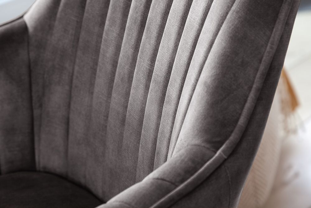 Drehbarer Design Stuhl LIVORNO grau Samt Buchenholz Beine mit Armlehnen