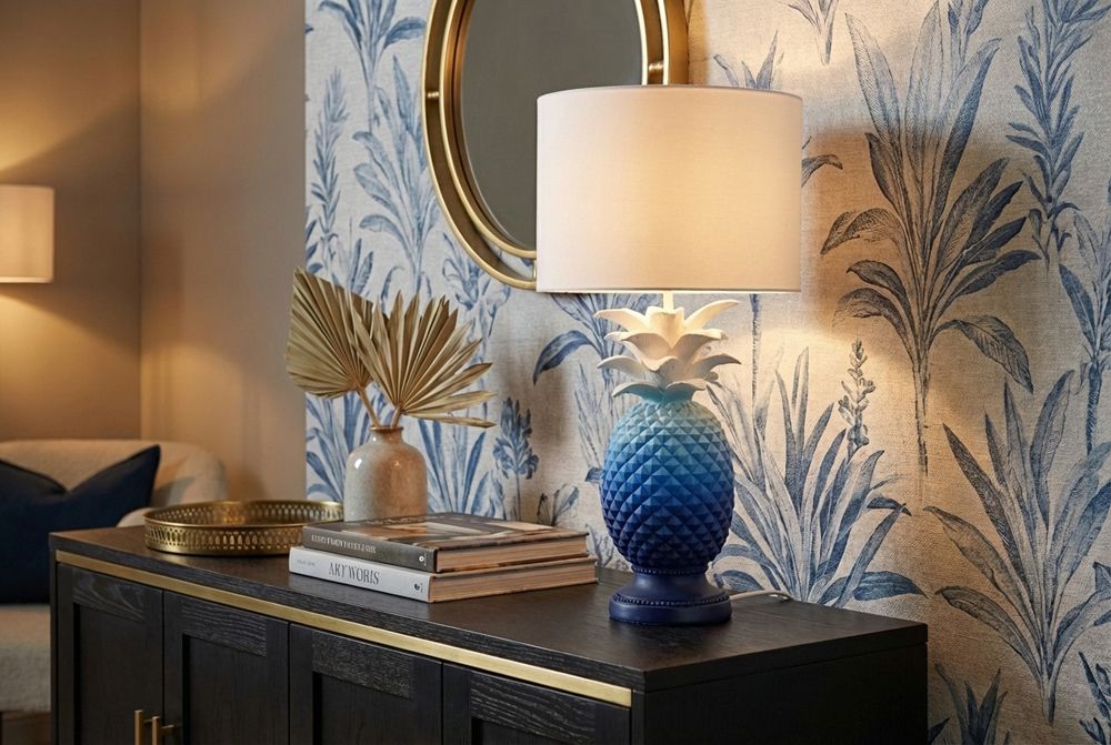 Handgefertigte Tischlampe PINEAPPLE 50cm blau weiß Ananas-Design mit Stoffschirm