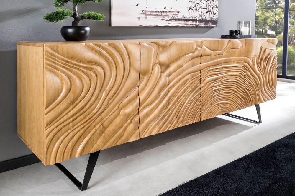Massives Sideboard FLUID 175cm creme Mangoholz 3D-Design Kufengestell