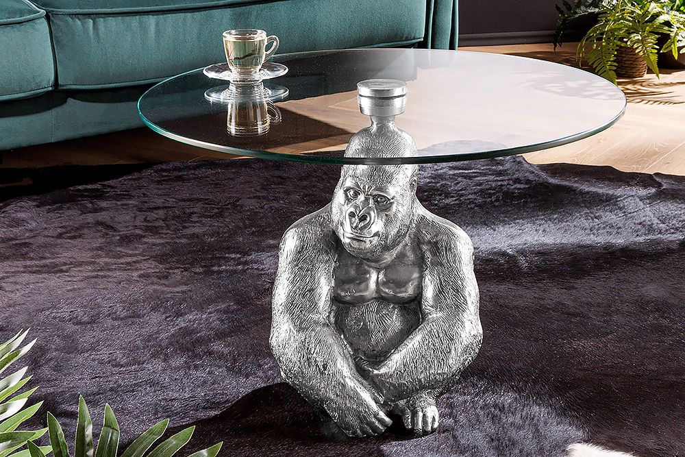 Runder Couchtisch WILDLIFE KONG 60cm silber Metall Glas Affenfigur Gorilla Skulptur handmade
