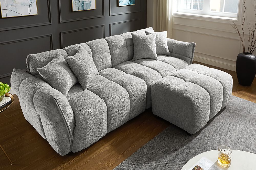 Moderner Hocker CLOUD 100cm grau Bouclé Federkern Fußhocker Sitzhocker