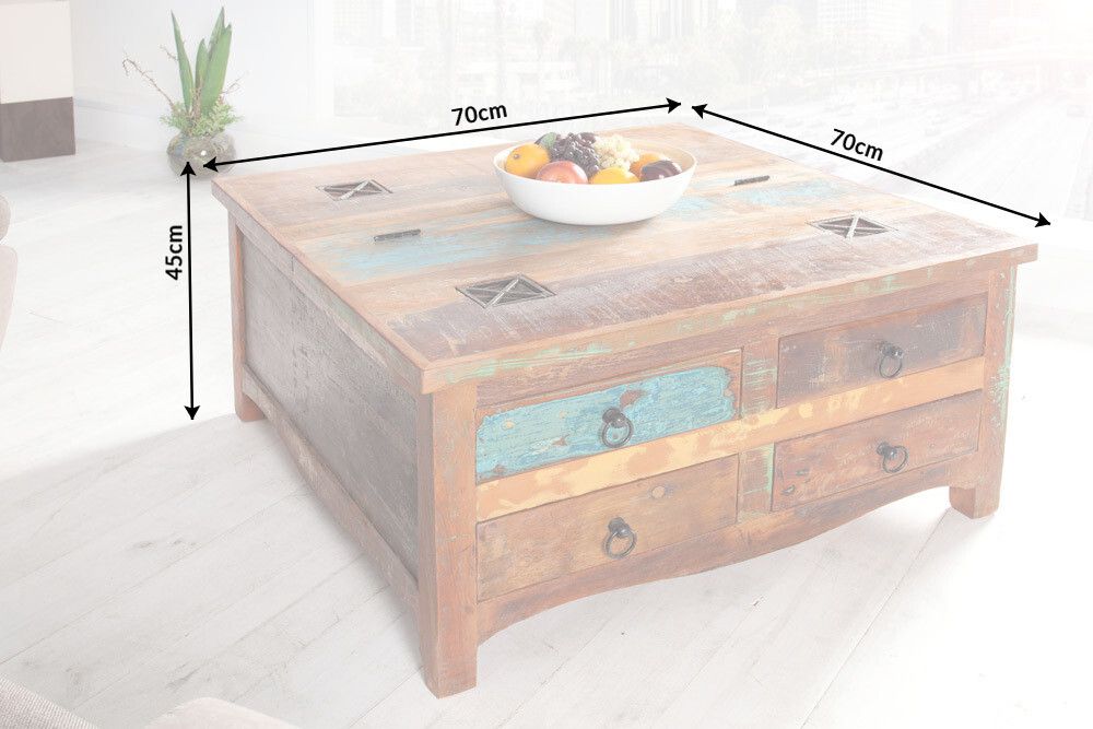 Massiver Couchtisch JAKARTA 70cm bunt Truhe aus recycelten Fischerbooten Holz mit Schubladen