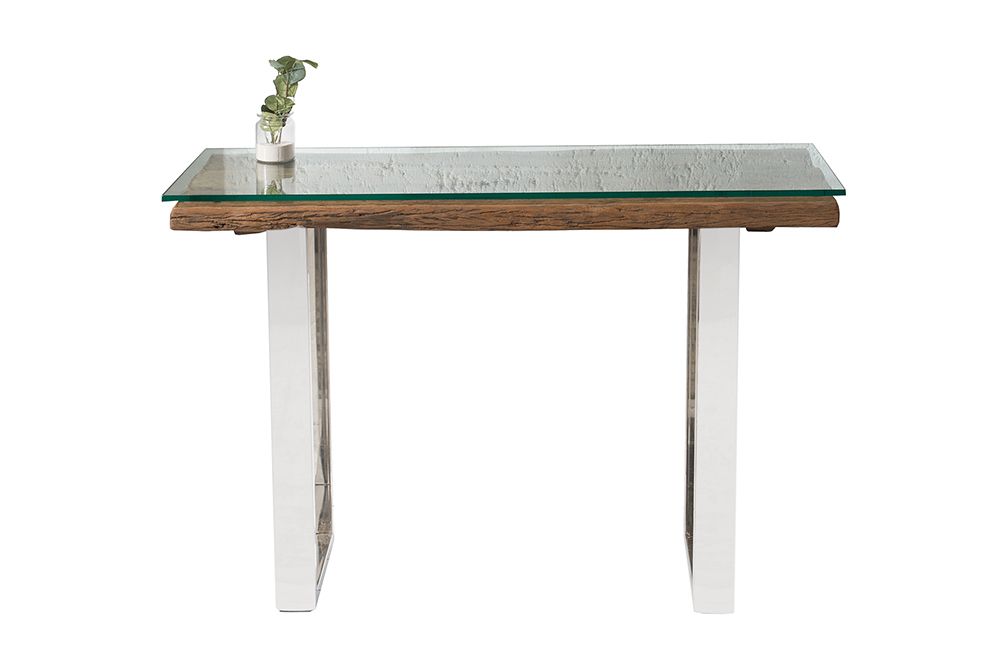 Massive Konsole BARRACUDA 120cm Teak mit Stahl Kufenfüßen inkl. Glasplatte