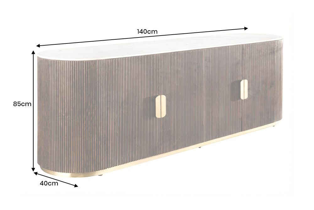 Massives Sideboard GATSBY 140cm braun Mangoholz gold Metall weiße Marmorplatte