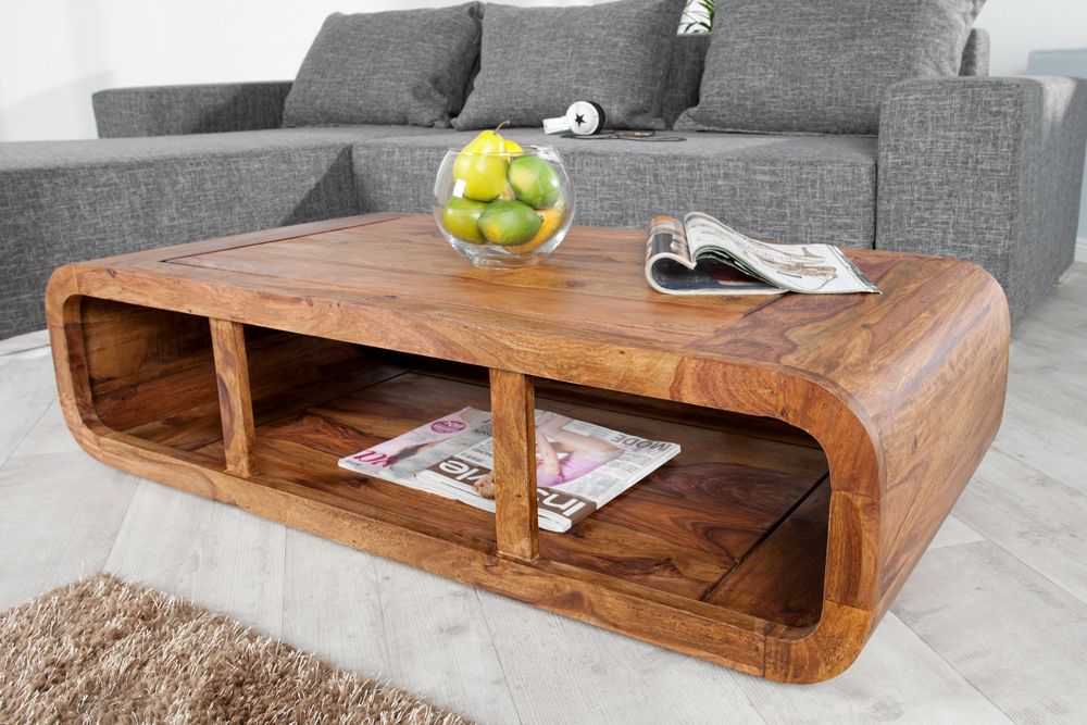 Massivholz Couchtisch CURVED 100cm braun Sheesham stone finish TV-Lowboard Stauraum
