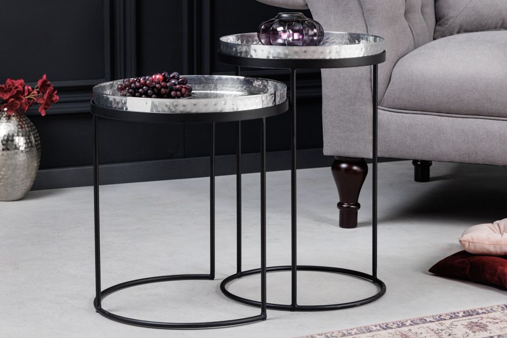 Design 2er Set Beistelltisch ELEMENTS 55cm silber Hammerschlag handmade rund