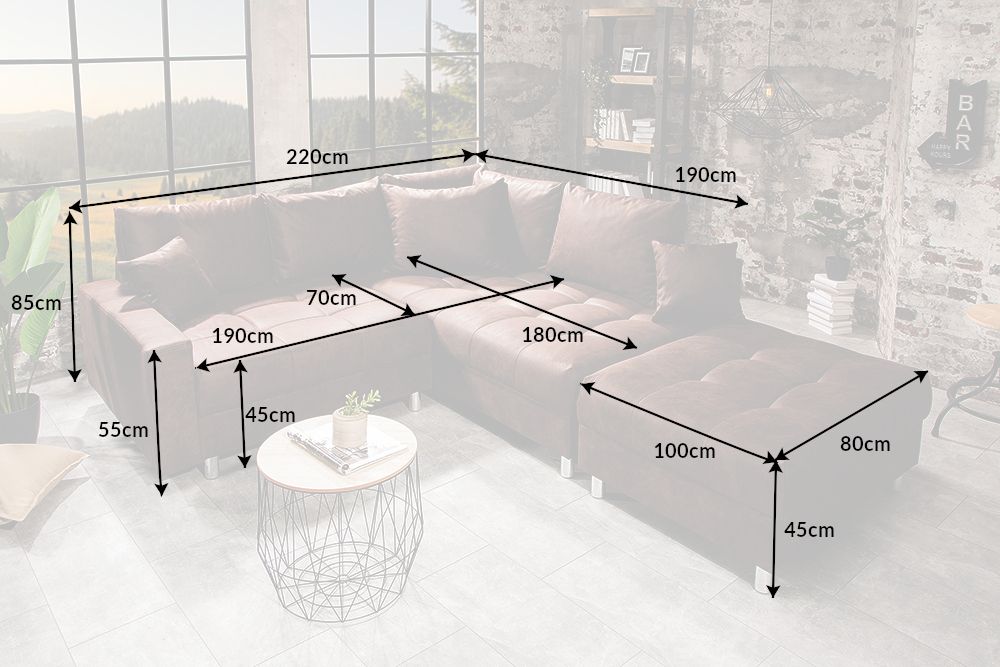Modernes Ecksofa KENT 220cm braun Federkern Wohnlandschaft inkl. Hocker und Kissen