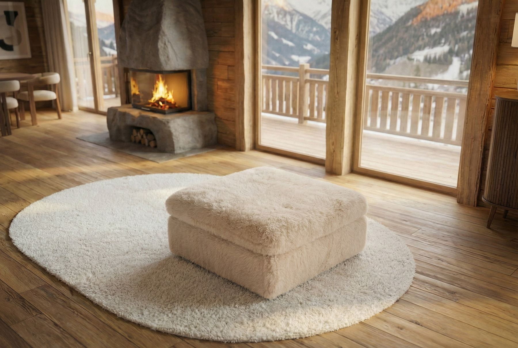 Großer Sitzhocker YETI 100cm beige sand Shaggy-Stoff langfloriger Plüsch Sofahocker