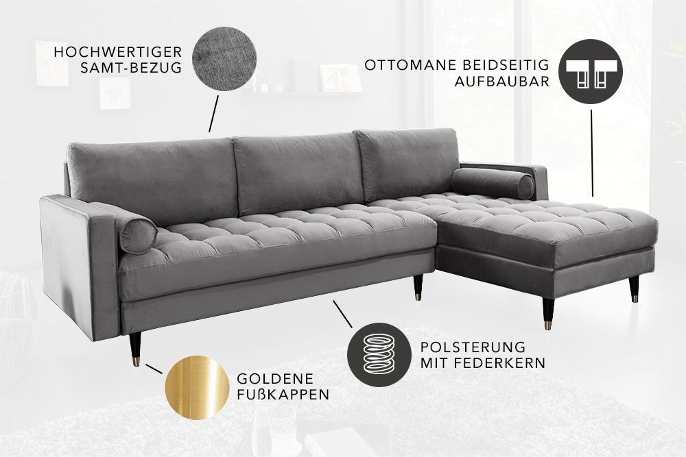 Elegantes Ecksofa COZY VELVET 260cm grau Samt Federkern 3-Sitzer