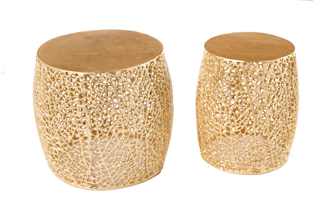 2er Set Filigraner Design Couchtisch ABSTRACT LEAF gold Handarbeit Metall rund