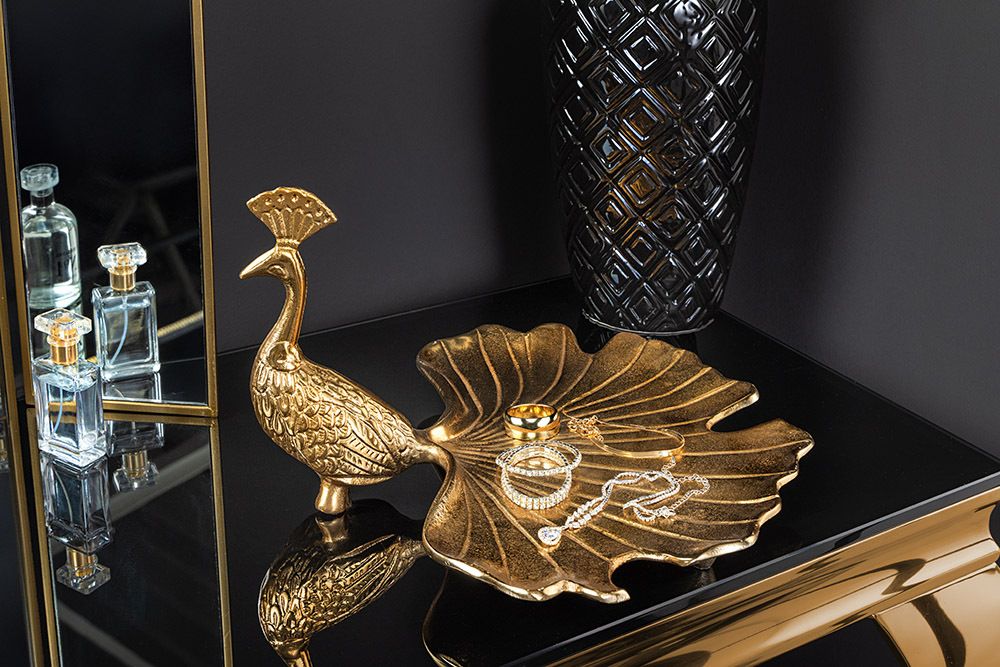 Handgefertigte Servierplatte WILDLIFE PEACOCK 40cm gold Metall Pfauen-Skulptur