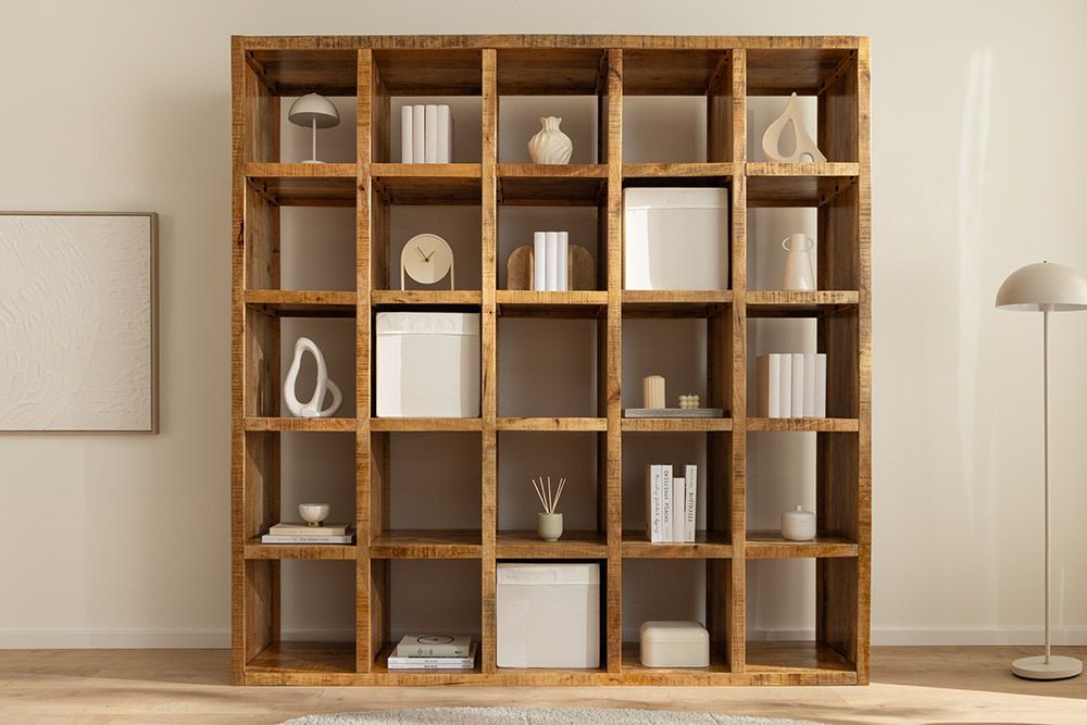 Massives Regal IRON CRAFT 200cm natur Mangoholz Bücherregal 25 Fächer