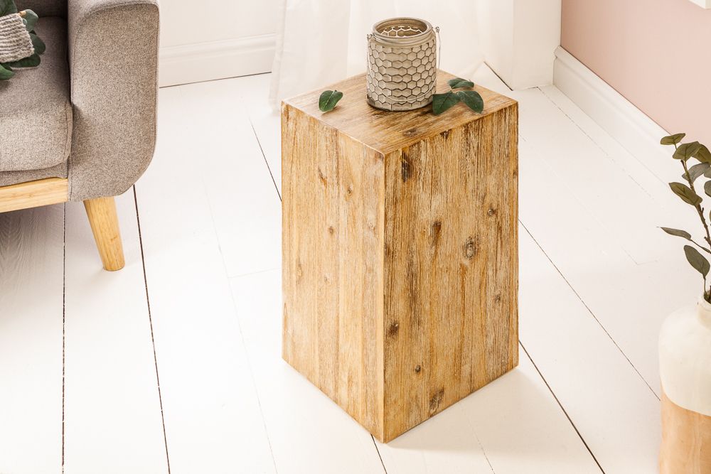 Massivholz Dekosäule COLUMNA 50cm Akazie teak-grau gekälkt Beistelltisch