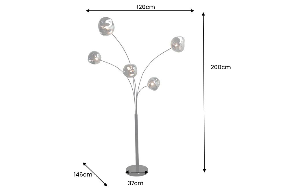 Design Stehlampe LIQUID DIAMOND 200cm schwarz smoke grau fünf Glasschirme mit Marmorfuß