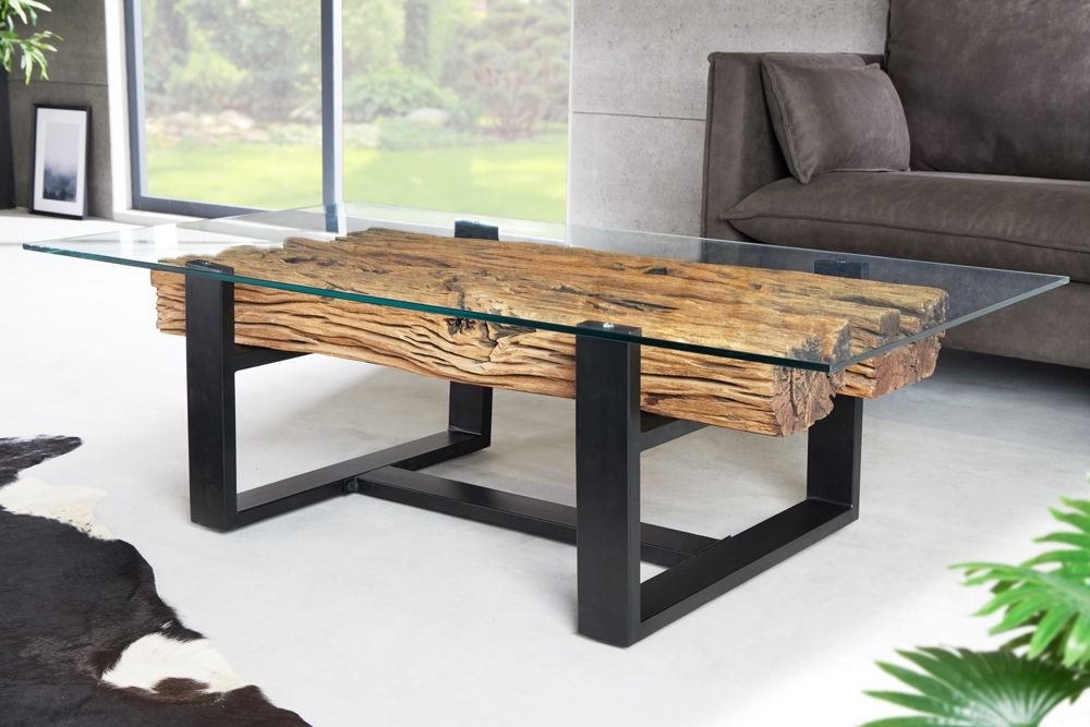 Design Couchtisch BARRACUDA 130cm recyceltes Teakholz Glasplatte schwarz Edelstahl Industrial