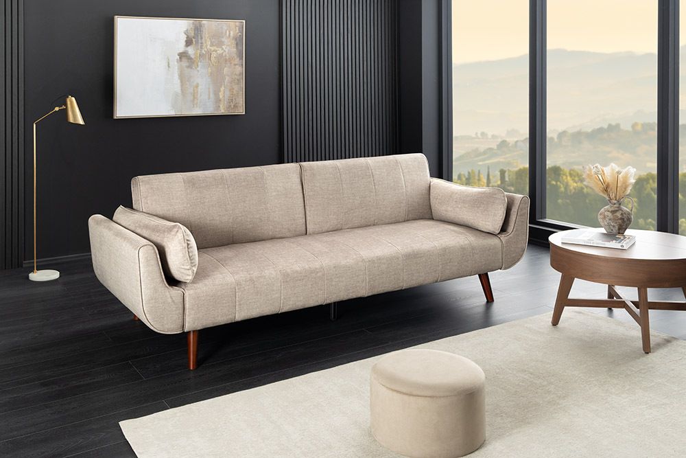 Design Schlafsofa DIVANI 220cm champagner beige Samt 3-Sitzer mit Bettfunktion Walnuss-Füße