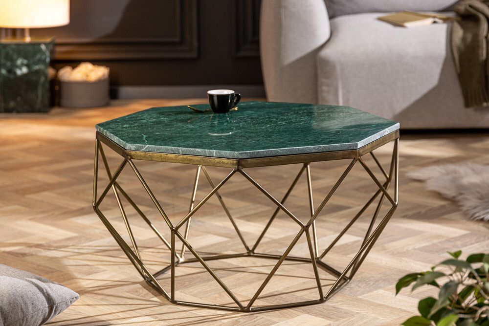Eleganter Couchtisch DIAMOND 70cm grün messing mit Marmorplatte