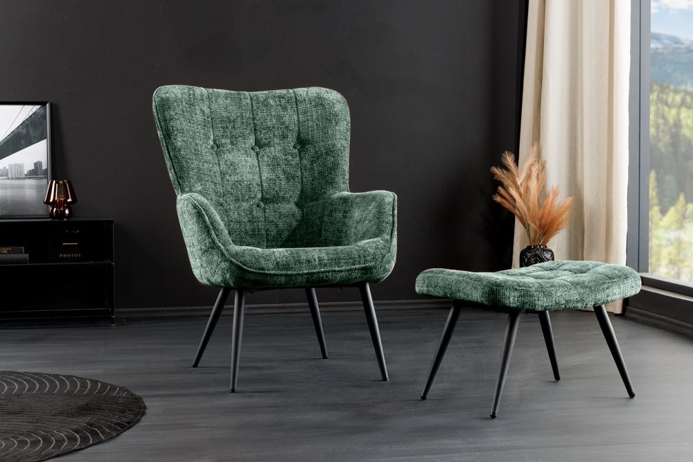 Design Sessel SCANDINAVIA grün Chenille Cremona schwarz Metall mit Armlehne