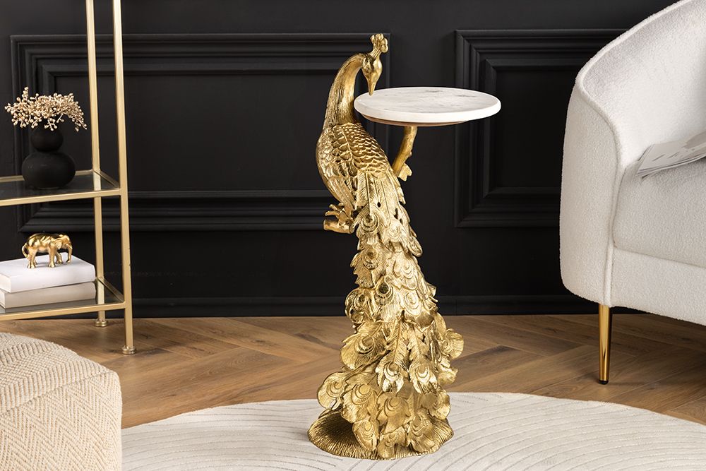 Runder Beistelltisch WILDLIFE PEACOCK 75cm gold antik weiß Metall Marmor Pfauen-Skulptur