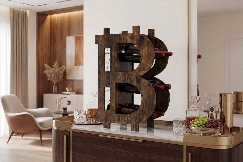 Stilvolles Weinregal BITCOIN 70cm natur Holzregal für 10 Flaschen und 4 Gläser