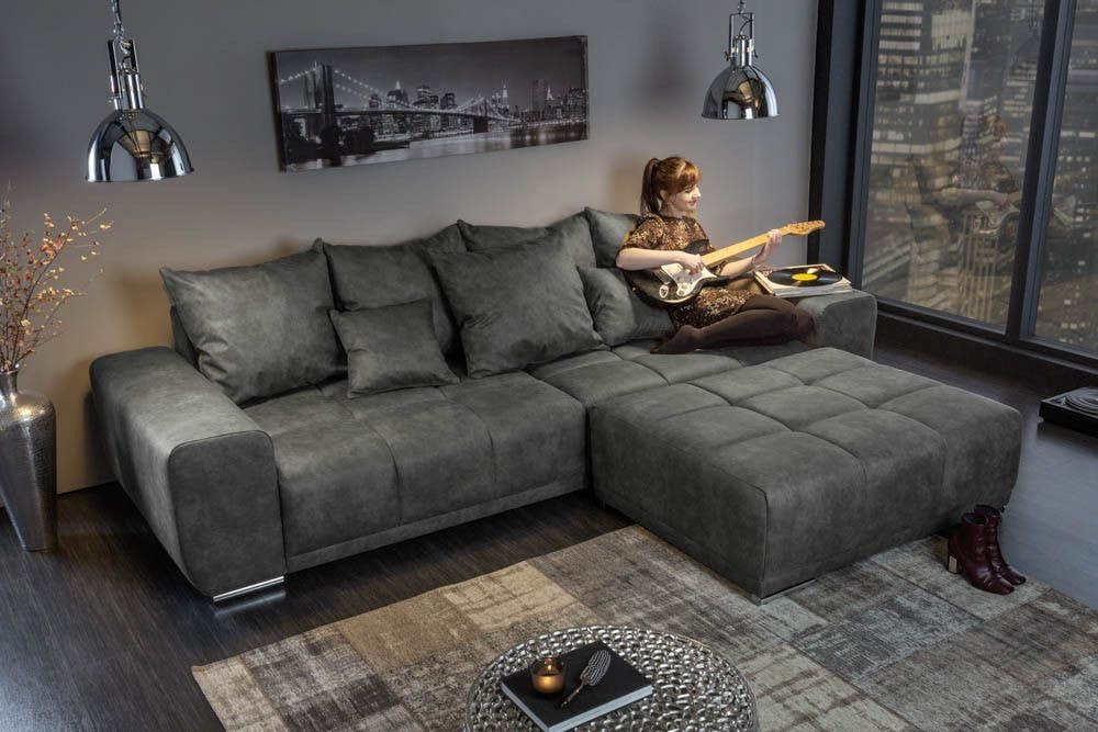 Big Sofa ELEGANCIA 285cm grau Microfaser XXL Couch inkl. Kissen Federkern