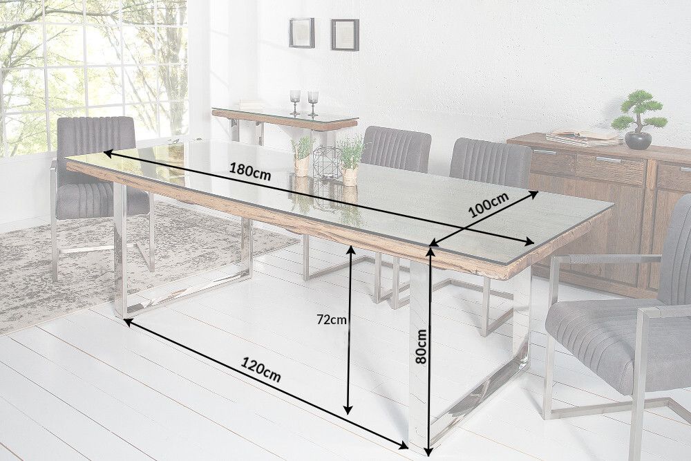 Massiver Esstisch BARRACUDA 180cm antik Teak Holz mit Stahl Kufenfüßen inkl. Glasplatte