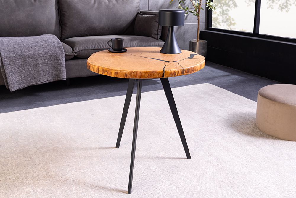 Runder Couchtisch ARBOR 55cm natur Eiche Massivholz schwarz Metall Beistelltisch
