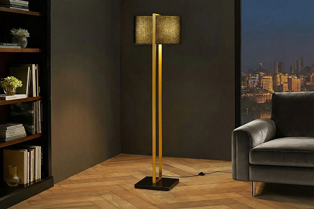 Minimalistische Stehlampe COLLEEN 160cm gold schwarz Stoffschirm mit Metallfuß