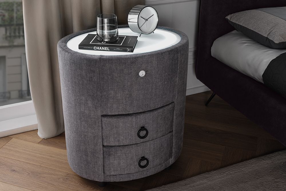 Nachttisch SIGNUM 55cm oval grau Vogue Seiden Samtstoff inkl. Beleuchtung Schubladen
