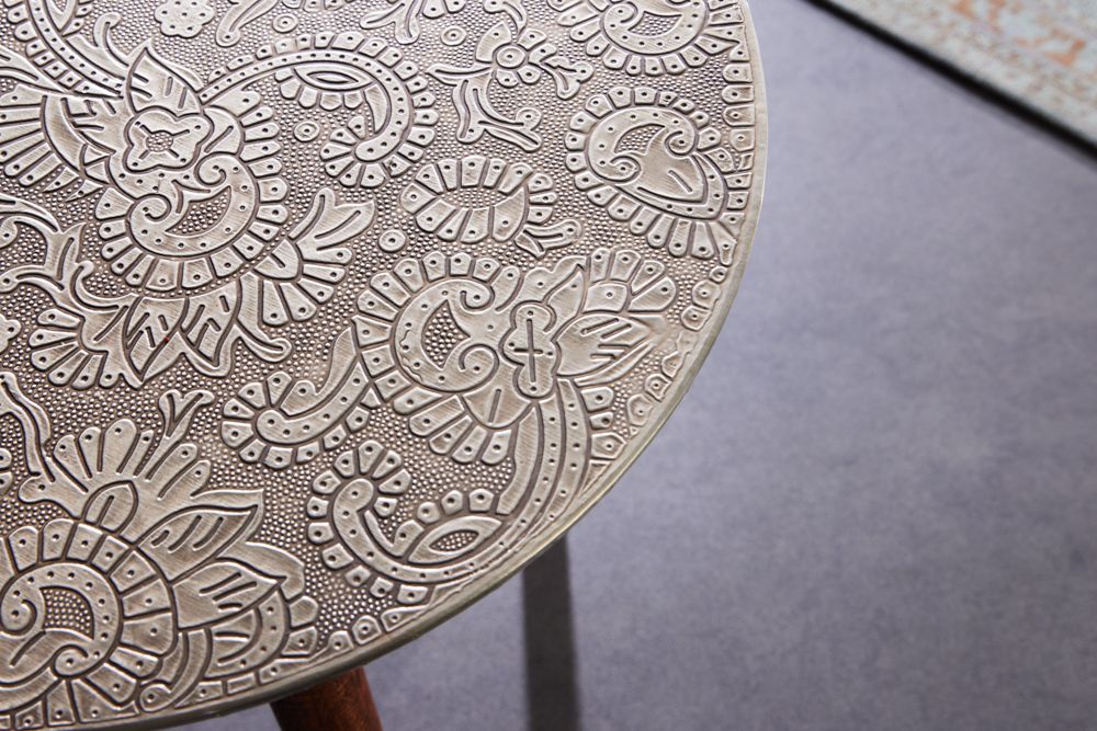 Design Beistelltisch ALCAZAR 50cm antik silber Metall Mangoholz Handarbeit rund