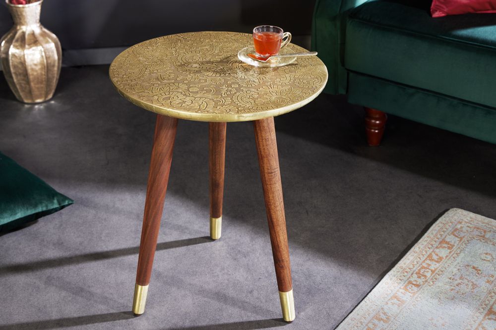 Design Beistelltisch ALCAZAR 50cm antik gold Metall Mangoholz Handarbeit rund