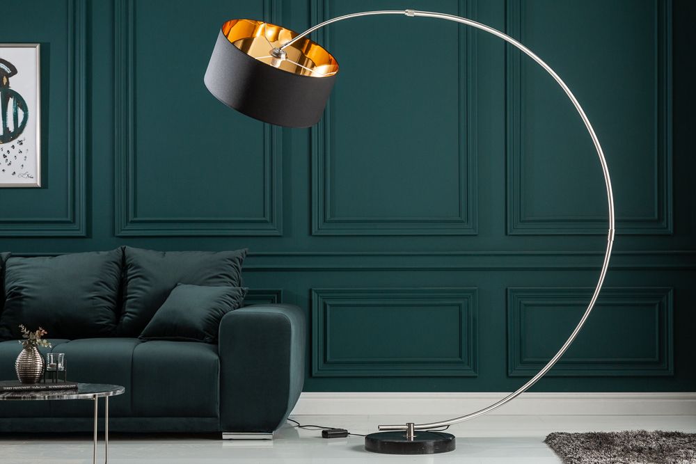 Dimmbare Bogenlampe PYTHON 190cm schwarz gold Retro Bogenleuchte