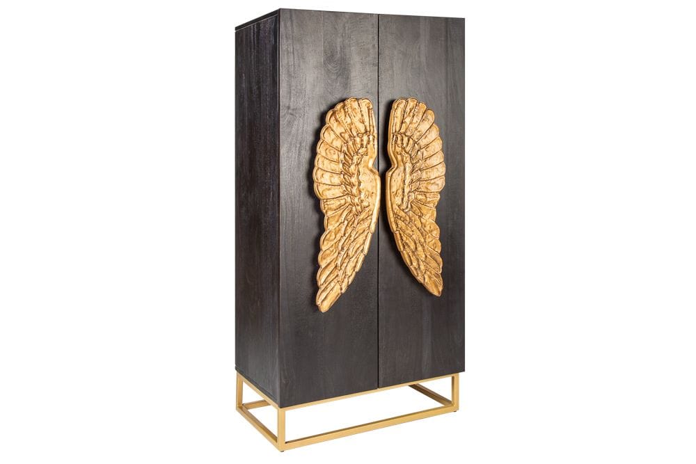 Extravagantes Highboard ANGEL 140cm schwarz Mangoholz mit goldenen Flügeln
