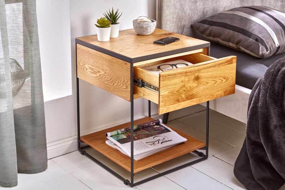 Moderner Beistelltisch SCORPION 50cm Wildeichen-Design Metall Nachttisch mit Schublade