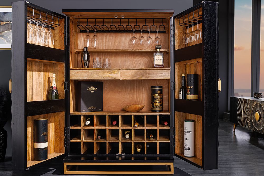 Handgearbeiteter Barschrank GOLDEN SUNSET 140cm schwarz gold Mangoholz massiv
