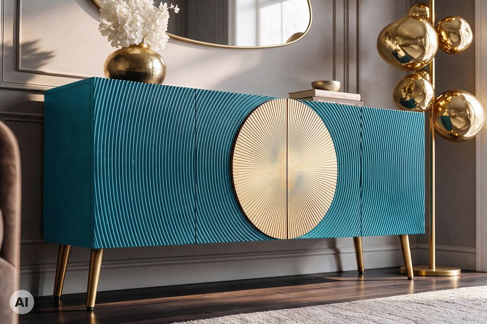 Massives Sideboard AURUM 180cm türkis Mangoholz mit ikonischem Gold-Element