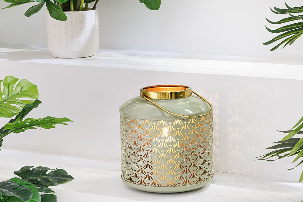 Deko Windlicht CANDLELIGHT 20cm beige-grün Metall handmade Laterne