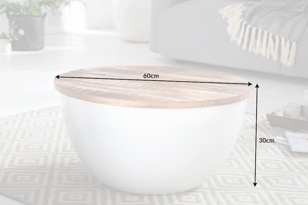 Runder Couchtisch INDUSTRIAL STORAGE 60cm weiß natur Mangoholz mit Stauraum handmade